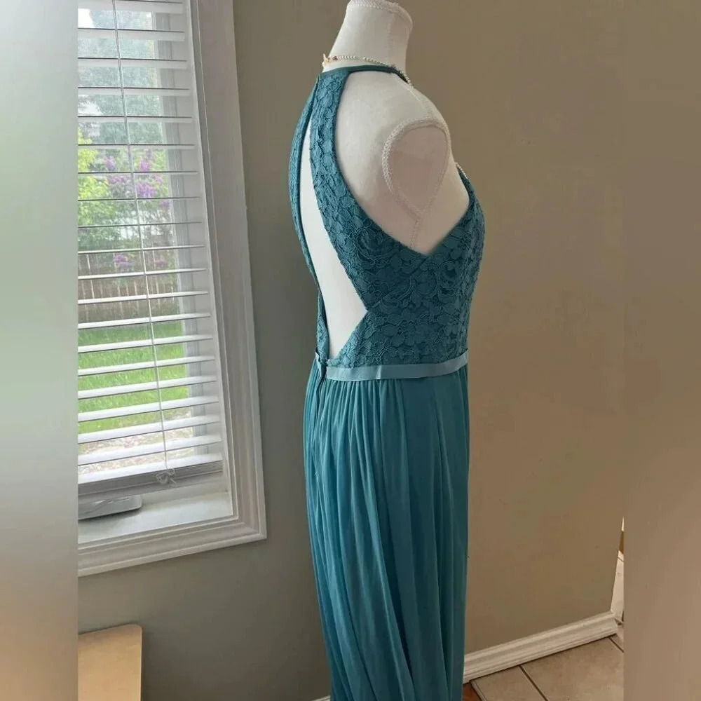 [10]Davids Bridal High Neck Laced Open Back Teal Green Bridesmaid Wedding Dresse - Picture 5 of 10